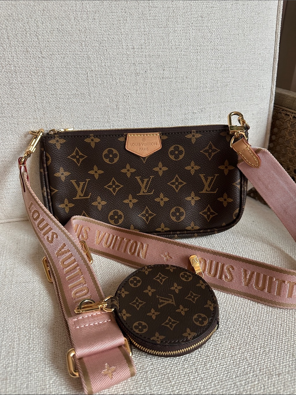 Louis Vuitton Monogram Canvas Crossbody Trio in Brown with Pink Strap